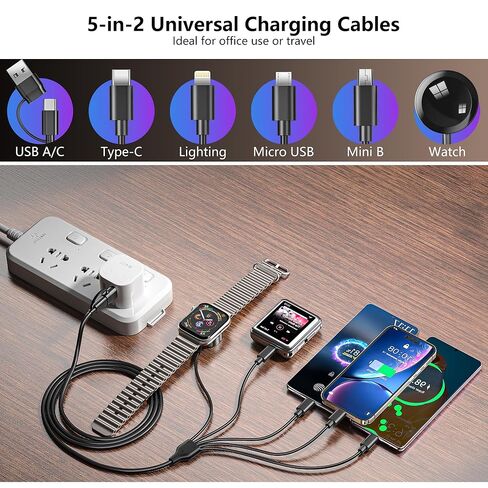 كابل شحن متعدد 5 في 2 لشاحن ساعة Apple: مدخل USB A/C، Lightning/Type C/Micro/Mini B/مخرج لاسلكي، متوافق مع iPhone 15-13، iWatch 1-9، Galaxy S23-22، 4FT (أسود) in Saudi Arabia