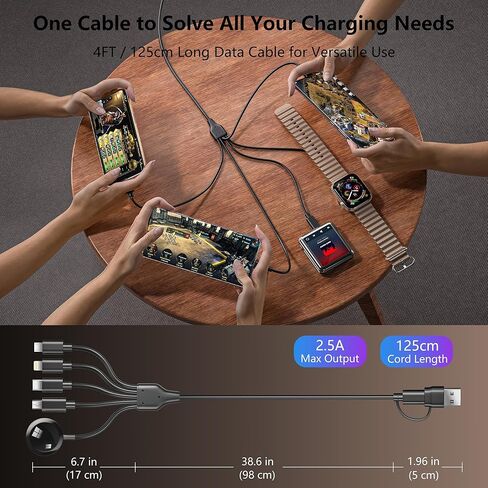 كابل شحن متعدد 5 في 2 لشاحن ساعة Apple: مدخل USB A/C، Lightning/Type C/Micro/Mini B/مخرج لاسلكي، متوافق مع iPhone 15-13، iWatch 1-9، Galaxy S23-22، 4FT (أسود) in Saudi Arabia