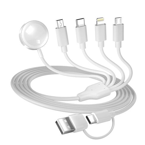 كابل شحن متعدد 5 في 2 لشاحن ساعة Apple: مدخل USB A/C، Lightning/Type C/Micro/Mini B/مخرج لاسلكي، متوافق مع iPhone 15-13، iWatch 1-9، Galaxy S23-22، 4FT (أسود) in Saudi Arabia