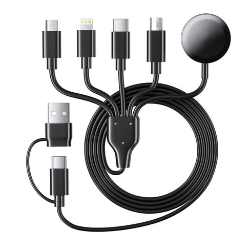 كابل شحن متعدد 5 في 2 لشاحن ساعة Apple: مدخل USB A/C، Lightning/Type C/Micro/Mini B/مخرج لاسلكي، متوافق مع iPhone 15-13، iWatch 1-9، Galaxy S23-22، 4FT (أسود) in Saudi Arabia