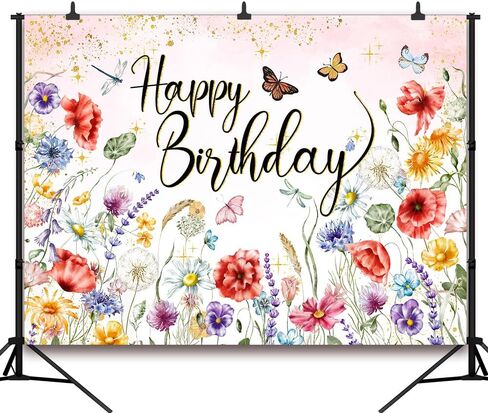 7x5FT Wildflower Happy Birthday Backdrop Spring Watercolor Wild Flower Floral Background for Women Girls Wildflower Themed 1st Birthday Party Decor Vinyl in Kuwait