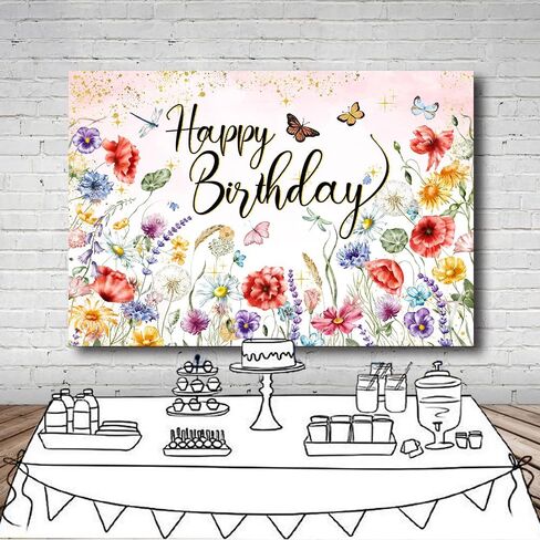 7x5FT Wildflower Happy Birthday Backdrop Spring Watercolor Wild Flower Floral Background for Women Girls Wildflower Themed 1st Birthday Party Decor Vinyl in Kuwait