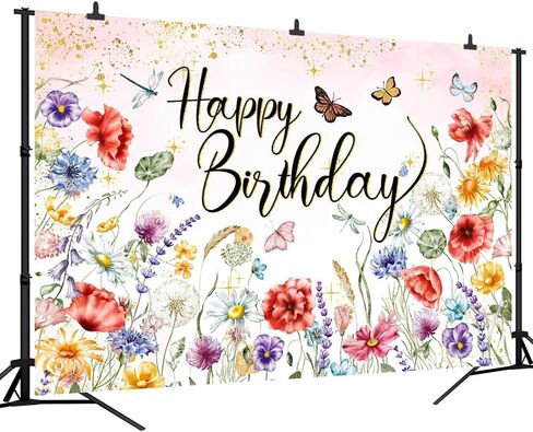 7x5FT Wildflower Happy Birthday Backdrop Spring Watercolor Wild Flower Floral Background for Women Girls Wildflower Themed 1st Birthday Party Decor Vinyl in Kuwait