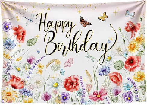 7x5FT Wildflower Happy Birthday Backdrop Spring Watercolor Wild Flower Floral Background for Women Girls Wildflower Themed 1st Birthday Party Decor Vinyl in Kuwait