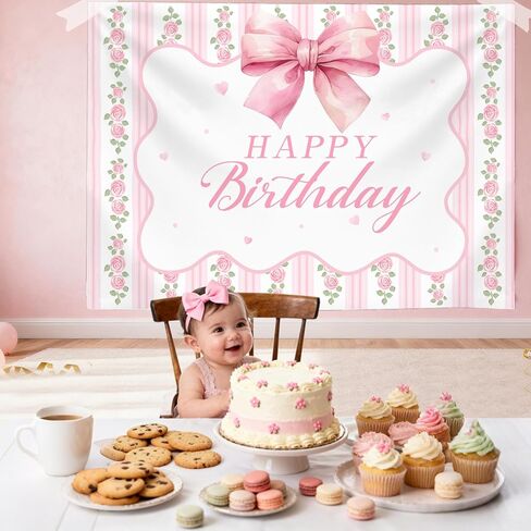 عيد ميلاد سعيد خلفية الوردي Bowknot الأزهار المشارب الزهور التصوير خلفية الفتيات الصغيرات النساء حفلة عيد ميلاد الديكور كعكة الجدول راية لوازم الصورة كشك استوديو الدعائم 7x5ft in Kuwait