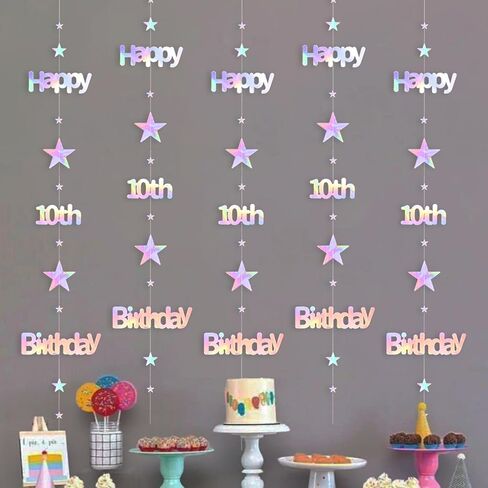 Iridescent 10th Birthday Decorations for Girls Metallic Holographic Streamer Kit Glitter Banner Backdrop Double Digits Teenager Party Supplies 10 Year Old Anniversary Celebration Decor Officially Teen in Saudi Arabia