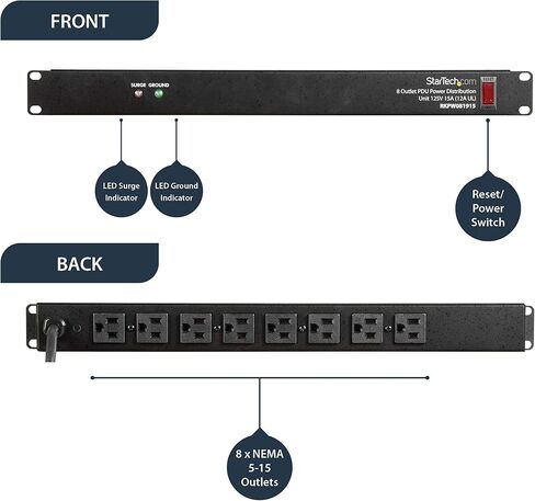 StarTech.com 1x 8U دعامة تثبيت على الحائط لمعدات التثبيت على الرف (WALLMOUNT8) حزمة مع 1x 1U Rackmount PDU شريط الطاقة مع 8 منافذ (RKPW081915) in Saudi Arabia
