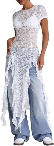 Floerns Women's Y2k Floral Sheer Lace Short Sleeve Slit Music Festival Long Dresses in Saudi Arabia
