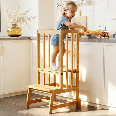 Kids Kitchen Step Stool, Toddler Standing Tower Adjustable Height with Anti-Slip Feet, Toddlers Learning Step Stool Helper for Kitchen Counter or Bathroom Sink, Natural Bamboo in Saudi Arabia