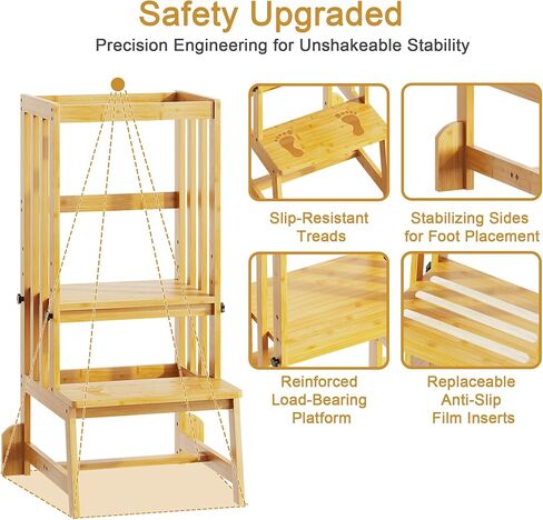 Kids Kitchen Step Stool, Toddler Standing Tower Adjustable Height with Anti-Slip Feet, Toddlers Learning Step Stool Helper for Kitchen Counter or Bathroom Sink, Natural Bamboo in Saudi Arabia