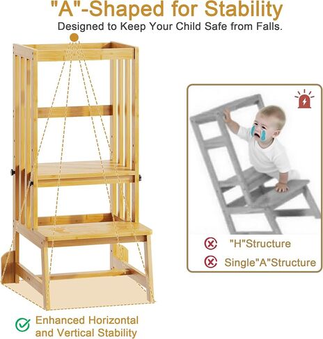 Kids Kitchen Step Stool, Toddler Standing Tower Adjustable Height with Anti-Slip Feet, Toddlers Learning Step Stool Helper for Kitchen Counter or Bathroom Sink, Natural Bamboo in Saudi Arabia