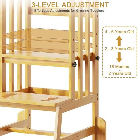 Kids Kitchen Step Stool, Toddler Standing Tower Adjustable Height with Anti-Slip Feet, Toddlers Learning Step Stool Helper for Kitchen Counter or Bathroom Sink, Natural Bamboo in Saudi Arabia