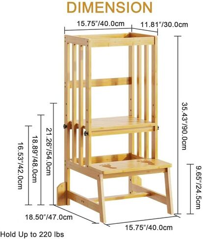 Kids Kitchen Step Stool, Toddler Standing Tower Adjustable Height with Anti-Slip Feet, Toddlers Learning Step Stool Helper for Kitchen Counter or Bathroom Sink, Natural Bamboo in Saudi Arabia
