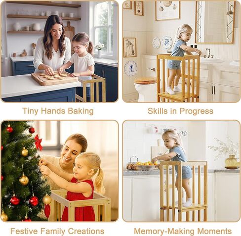 Kids Kitchen Step Stool, Toddler Standing Tower Adjustable Height with Anti-Slip Feet, Toddlers Learning Step Stool Helper for Kitchen Counter or Bathroom Sink, Natural Bamboo in Saudi Arabia
