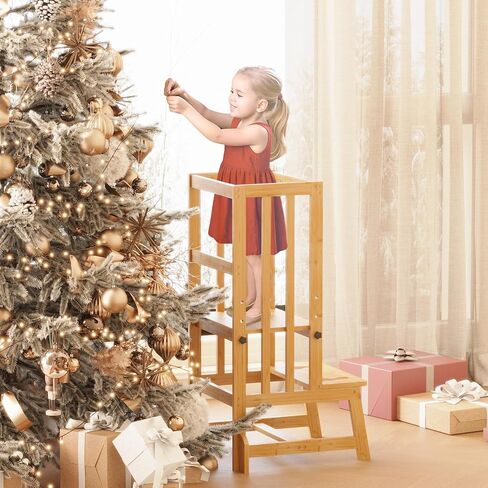 Kids Kitchen Step Stool, Toddler Standing Tower Adjustable Height with Anti-Slip Feet, Toddlers Learning Step Stool Helper for Kitchen Counter or Bathroom Sink, Natural Bamboo in Saudi Arabia