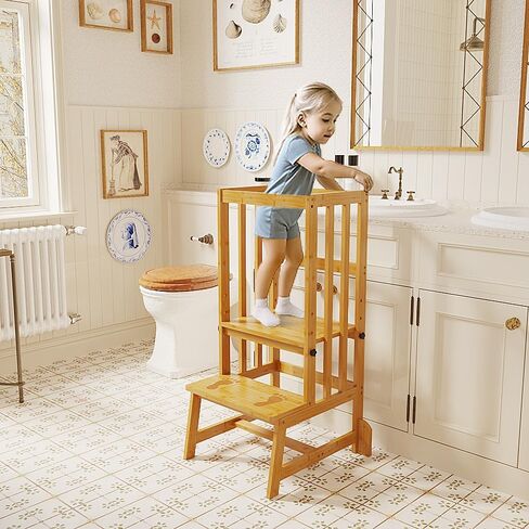 Kids Kitchen Step Stool, Toddler Standing Tower Adjustable Height with Anti-Slip Feet, Toddlers Learning Step Stool Helper for Kitchen Counter or Bathroom Sink, Natural Bamboo in Saudi Arabia
