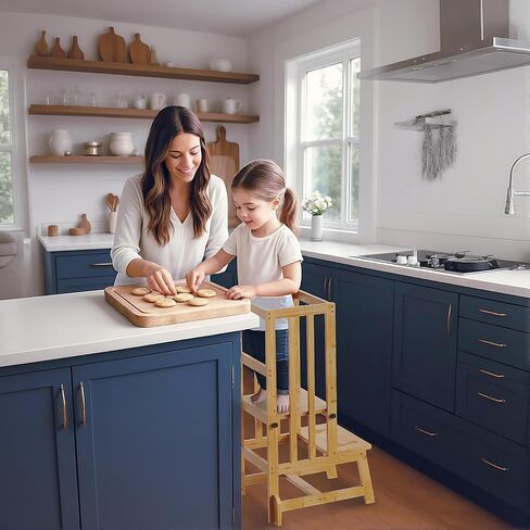 Kids Kitchen Step Stool, Toddler Standing Tower Adjustable Height with Anti-Slip Feet, Toddlers Learning Step Stool Helper for Kitchen Counter or Bathroom Sink, Natural Bamboo in Saudi Arabia
