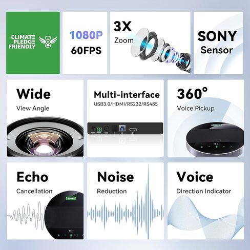 نظام المؤتمرات Tenveo 1080P 60FPS PTZ مع تكبير بصري 3X وزاوية رؤية واسعة 114 درجة ومكبر صوت بلوتوث MagiCall، وإخراج الفيديو عبر USB 3.0/HDMI/RS485/RS232، مثالي للاجتماعات الكبيرة in Kuwait