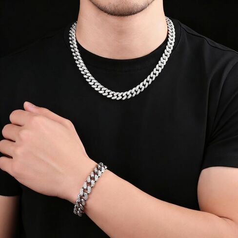 Lbosioey 2PCS الرجال سلسلة الارتباط الكوبي المثلج ومجموعة سوار، وصلات ميامي الكوبية مع زركونيا مكعب، بيان مجوهرات الهيب هوب، سلاسل بلينغ للحزب in Saudi Arabia