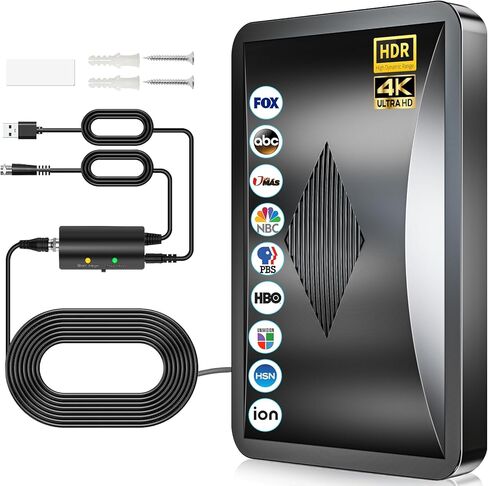 هوائي تلفزيون داخلي مطور 2026، هوائي HDTV طويل المدى يزيد عن 3600 ميل للتلفزيون الذكي الداخلي، هوائي رقمي للقنوات المحلية 4K 1080P مع معزز إشارة مكبر الصوت - كابل محوري سميك 38 قدمًا in Kuwait