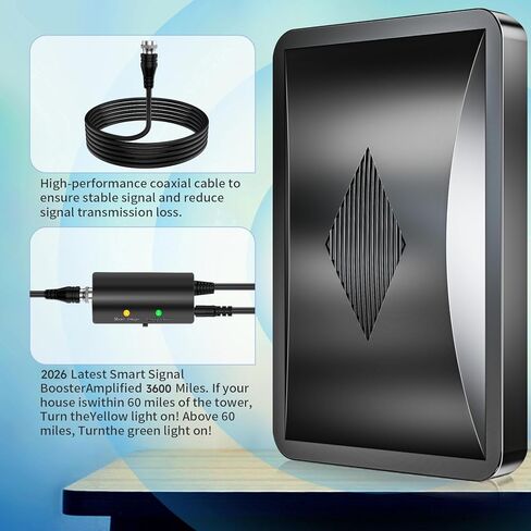 هوائي تلفزيون داخلي مطور 2026، هوائي HDTV طويل المدى يزيد عن 3600 ميل للتلفزيون الذكي الداخلي، هوائي رقمي للقنوات المحلية 4K 1080P مع معزز إشارة مكبر الصوت - كابل محوري سميك 38 قدمًا in Kuwait