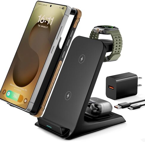 محطة شحن 3 في 1 لهاتف Samsung للحافظات السميكة مقاس 10 مم/Otterbox/شديد التحمل، شاحن لاسلكي لهاتف Samsung Galaxy S25 Ultra/S24/Z Fold، حامل شاحن الهاتف لساعة Galaxy وBuds (أسود) in Kuwait