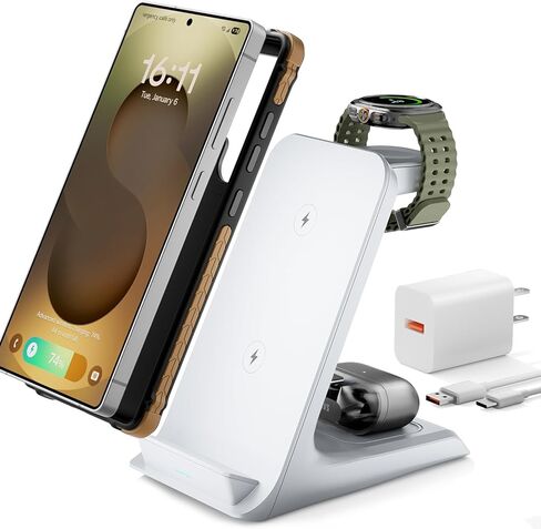 محطة شحن 3 في 1 لهاتف Samsung للحافظات السميكة مقاس 10 مم/Otterbox/شديد التحمل، شاحن لاسلكي لهاتف Samsung Galaxy S25 Ultra/S24/Z Fold، حامل شاحن الهاتف لساعة Galaxy وBuds (أسود) in Kuwait