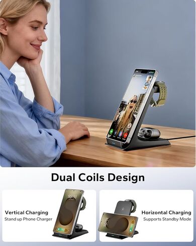 محطة شحن 3 في 1 لهاتف Samsung للحافظات السميكة مقاس 10 مم/Otterbox/شديد التحمل، شاحن لاسلكي لهاتف Samsung Galaxy S25 Ultra/S24/Z Fold، حامل شاحن الهاتف لساعة Galaxy وBuds (أسود) in Kuwait