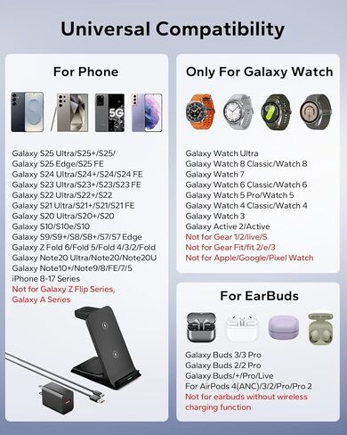 محطة شحن 3 في 1 لهاتف Samsung للحافظات السميكة مقاس 10 مم/Otterbox/شديد التحمل، شاحن لاسلكي لهاتف Samsung Galaxy S25 Ultra/S24/Z Fold، حامل شاحن الهاتف لساعة Galaxy وBuds (أسود) in Kuwait