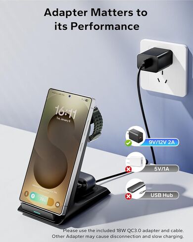 محطة شحن 3 في 1 لهاتف Samsung للحافظات السميكة مقاس 10 مم/Otterbox/شديد التحمل، شاحن لاسلكي لهاتف Samsung Galaxy S25 Ultra/S24/Z Fold، حامل شاحن الهاتف لساعة Galaxy وBuds (أسود) in Kuwait