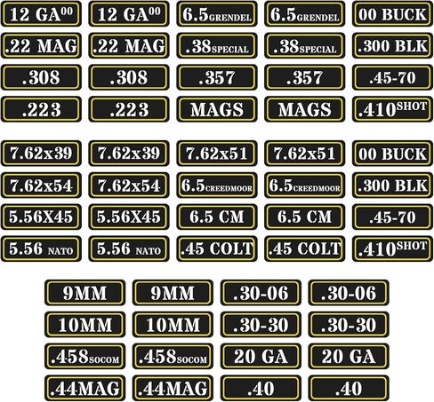 Ammo Can Vinyl Sticker Set Decal Label .357 9mm 10mm .458 .40 7.65 5.56 .22 12 300 30-30 (56 Pack/28 Varieties) in Saudi Arabia
