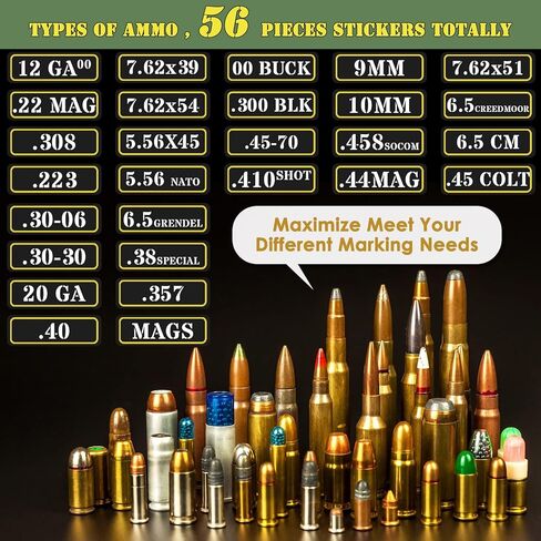 Ammo Can Vinyl Sticker Set Decal Label .357 9mm 10mm .458 .40 7.65 5.56 .22 12 300 30-30 (56 Pack/28 Varieties) in Saudi Arabia