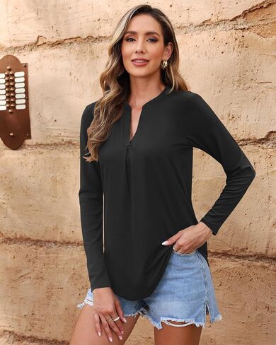 2025 New Womens Fall V Neck Causal Ladies Long Sleeve Loose Pleated Shirts Blouse in Saudi Arabia