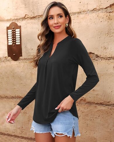 2025 New Womens Fall V Neck Causal Ladies Long Sleeve Loose Pleated Shirts Blouse in Saudi Arabia