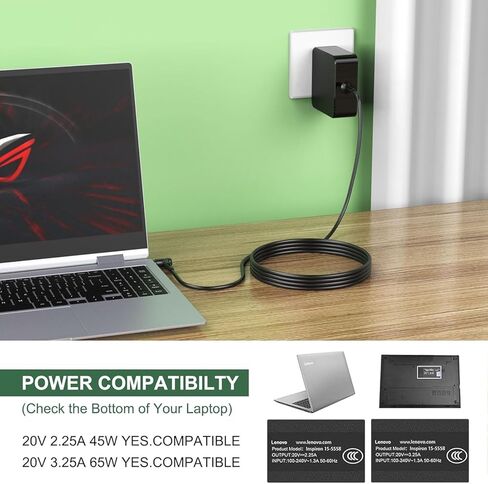 Charger for Lenovo Laptop IdeaPad 3 (3-14 3-15 3-17), 65W 45W Lenovo IdeaPad 3 Charger with Foldable Plug and 5.6ft Power Cable Compatible with Round Tip, Yoga, Flex, Miix, Chromebook in Kuwait