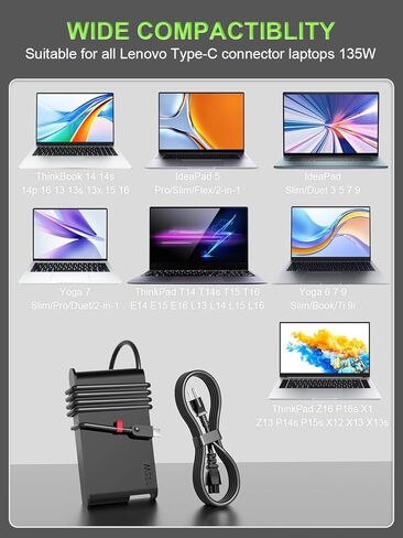 شاحن كمبيوتر محمول نحيف 135 واط 100 واط USB C متوافق مع Lenovo ThinkPad P16s P14S Z16 P16 P15S T14 E15 L14 AMD G1 T16 Series-T16 G1 G2 Gen 5 4 3 2 1 21BU ThinkBook 14P 14+ 13X G3 G4 4X21H27800 DL135YSDC3A in Kuwait