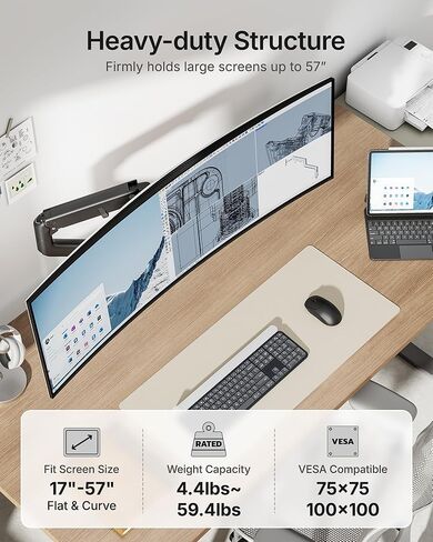 monTEK Monitor Arm & Reinforcement Plate, Fits 17–57" Ultrawide Curved Screens up to 59.4 lbs, Adjustable Gas Spring Mount with USB + Steel Stabilizer Plate for Fragile or Thin Desks, Clamp & Grommet in Saudi Arabia