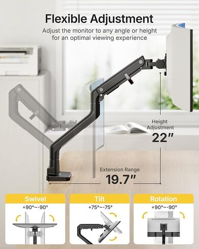 monTEK Monitor Arm & Reinforcement Plate, Fits 17–57" Ultrawide Curved Screens up to 59.4 lbs, Adjustable Gas Spring Mount with USB + Steel Stabilizer Plate for Fragile or Thin Desks, Clamp & Grommet in Saudi Arabia