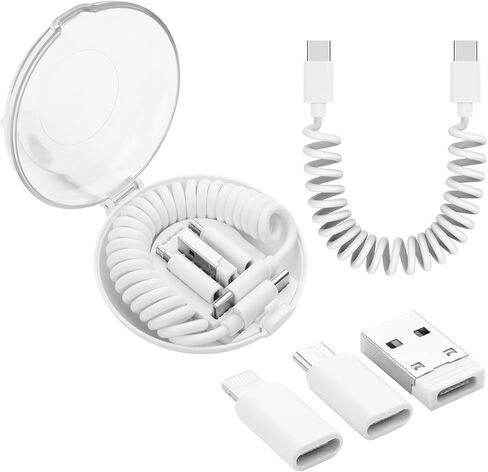 YACSEJAO Multi USB C Coiled Charging Cable Adapter Kit Multi-Type Charging Cable Case Convertor Portable USB Converter Case Box with iOS/USB-A/Micro Adapter (White) in Saudi Arabia