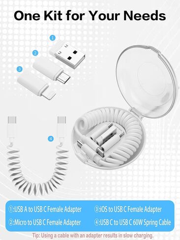 YACSEJAO Multi USB C Coiled Charging Cable Adapter Kit Multi-Type Charging Cable Case Convertor Portable USB Converter Case Box with iOS/USB-A/Micro Adapter (White) in Saudi Arabia