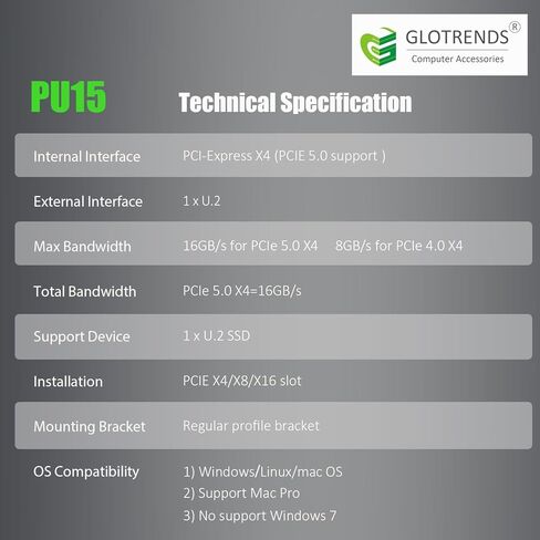 GLOTRENDS PU15 U.2 to PCIe 5.0 X4 Adapter for 2.5 Inch U.2 SSD, PCIe 5.0 X4 Full Speed in Saudi Arabia