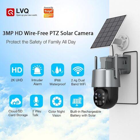 كاميرا Tuya Solar Security 2K 3MP، كاميرا واي فاي لاسلكية خارجية مع 360 درجة PTZ، IP65، كاميرا مراقبة منزلية تعمل بالبطارية مع رؤية ليلية ملونة، مستشعر PIR، صوت ثنائي الاتجاه، تخزين SD/سحابي، تنبيهات التطبيقات in Kuwait