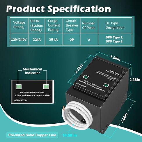 Replacement for Siemens QSPD2A035B 1-Phase 3-Wire Surge Protection Device, 120/240 VAC, 35 kA SCCR, 2 Poles in Kuwait