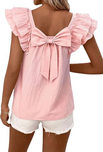 Women's Bow Back Blouse Square Neck Ruffle Cap Sleeve Shirt in Saudi Arabia