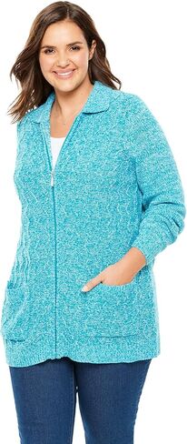 Woman Within Plus Size Marled Zip-Front Cable Knit Cardigan Sweater in Saudi Arabia