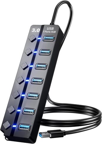 USB 3.0 Hub,4ft Long Cable Extension 7-Port USB Data Hub Splitter with Laptop,PC Computer,Surface Pro,Flash Drive,Mobile HDD - with LED Individual On/Off in Saudi Arabia