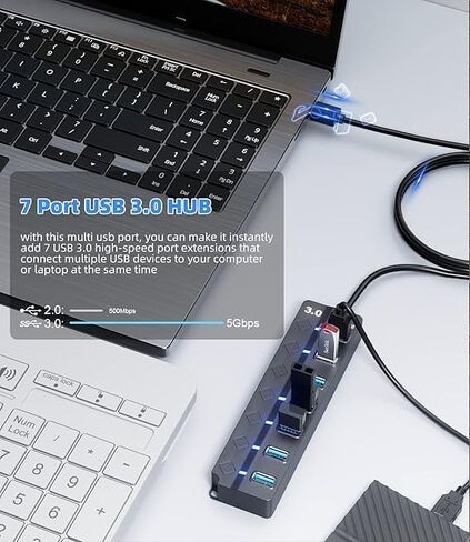 USB 3.0 Hub,4ft Long Cable Extension 7-Port USB Data Hub Splitter with Laptop,PC Computer,Surface Pro,Flash Drive,Mobile HDD - with LED Individual On/Off in Saudi Arabia
