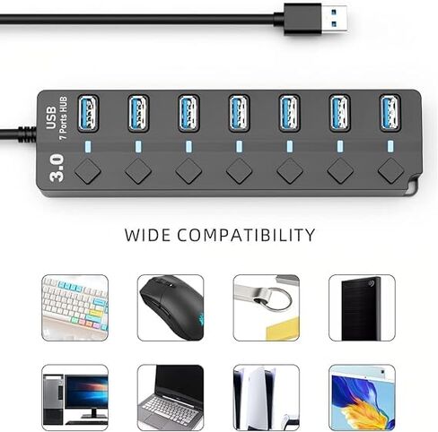 USB 3.0 Hub,4ft Long Cable Extension 7-Port USB Data Hub Splitter with Laptop,PC Computer,Surface Pro,Flash Drive,Mobile HDD - with LED Individual On/Off in Saudi Arabia