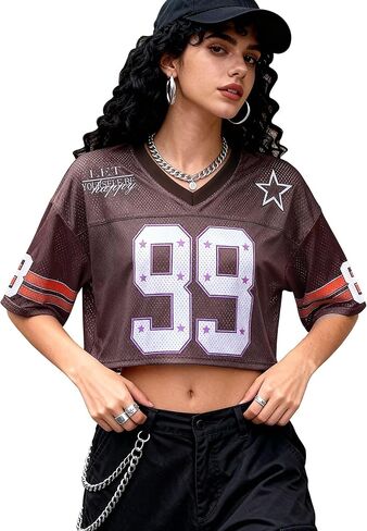 Crop Top Jersey for Women,Y2K Hip Hop Football Jersey Cropped Baggy Shirts Graphic Streetwear Tshirts V Neck Active Tee in Saudi Arabia