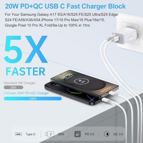 لـ Samsung A36 شاحن سريع Block USB C Plug for Samsung Galaxy A17 A54 S25 FE S24 Ultra، iPhone 17 Pro Max 17 Air 16 Plus 16e 15، Google Pixel 10 Pro XL / 9a / 9Pro / 8،20W Android Phone Charge Wall محول in Kuwait